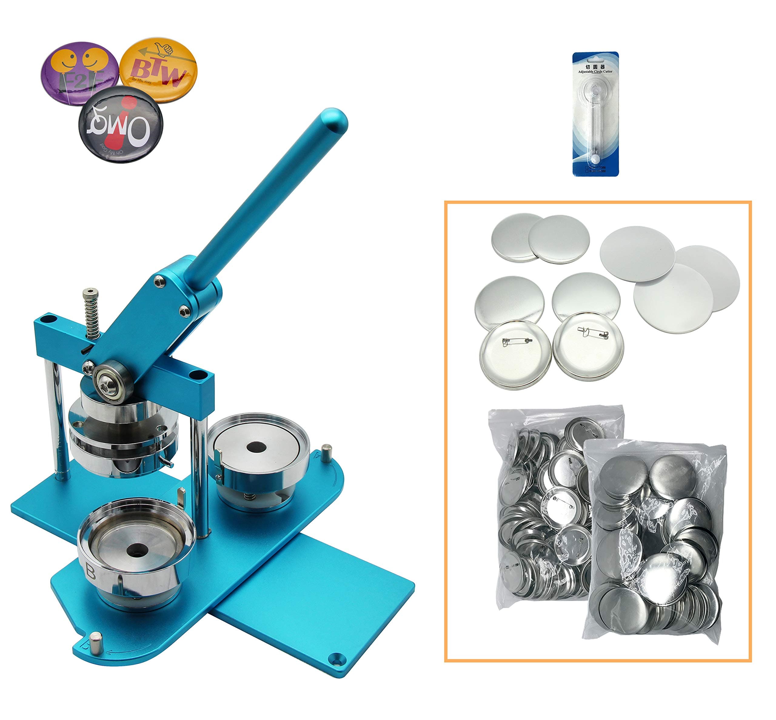 ChiButtons Kit 75mm (3") Button Maker Badge Press Machine-B400 + 75mm Round Die Moulds + 100 Set Pin Button Components + Adjustable Circle Cutter (Blue-New)