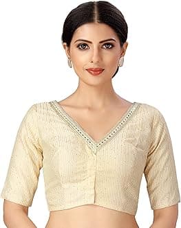 Studio Shringaar Women's Readymade Polyester Elbow Length Sleeves Saree Blouse with Mirror Work