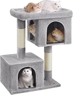 Feandrea Cat Tree, 40.6-Inch Cat Tower, Plush Condo for Extra Large Cats up to 44 lb, Large Perch, 2 Caves, Scratching Post, Light Gray UPCT614W01