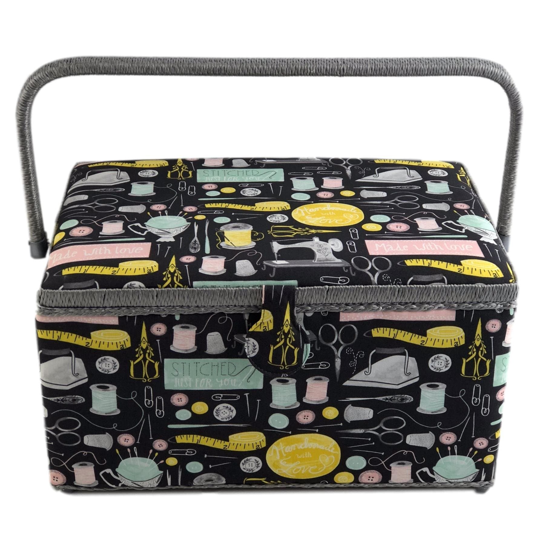 Dritz St Jane Extra Large Rectangle Sewing Basket (X-Large 15-1/4 x 10-1/4 x 8-3/4, Grey Notions Print)