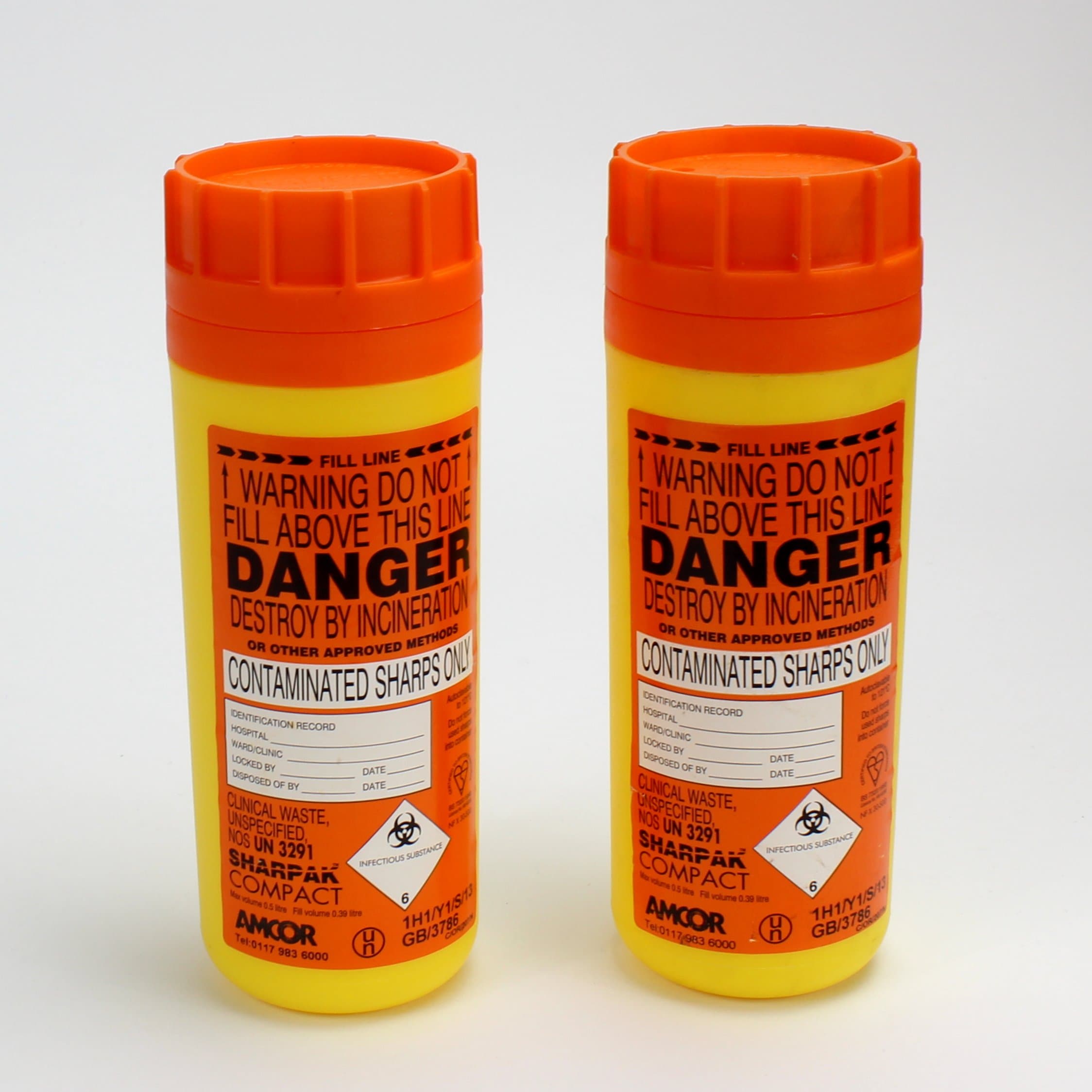 2x Sharpak Compak Sharps Bins. 500ml