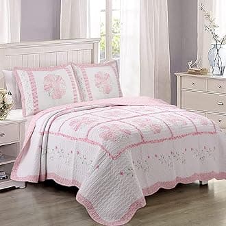 100% Cotton Real Patchwork Pink Flora Dresden Plate Reversible Quilt Bedding Set, Coverlet, Bedspread (Daisy Field, Queen - 3 Piece)