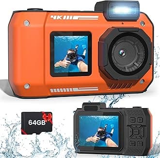 33FT Underwater Camera with 64G Card, 4K48MP Waterproof Cameras Rugged Dustproof Shockproof for Snorkeling, Autofocus Selfie Digital Cameras for Diving,Dual-Screen Underwater Photograph Camera(Orange)