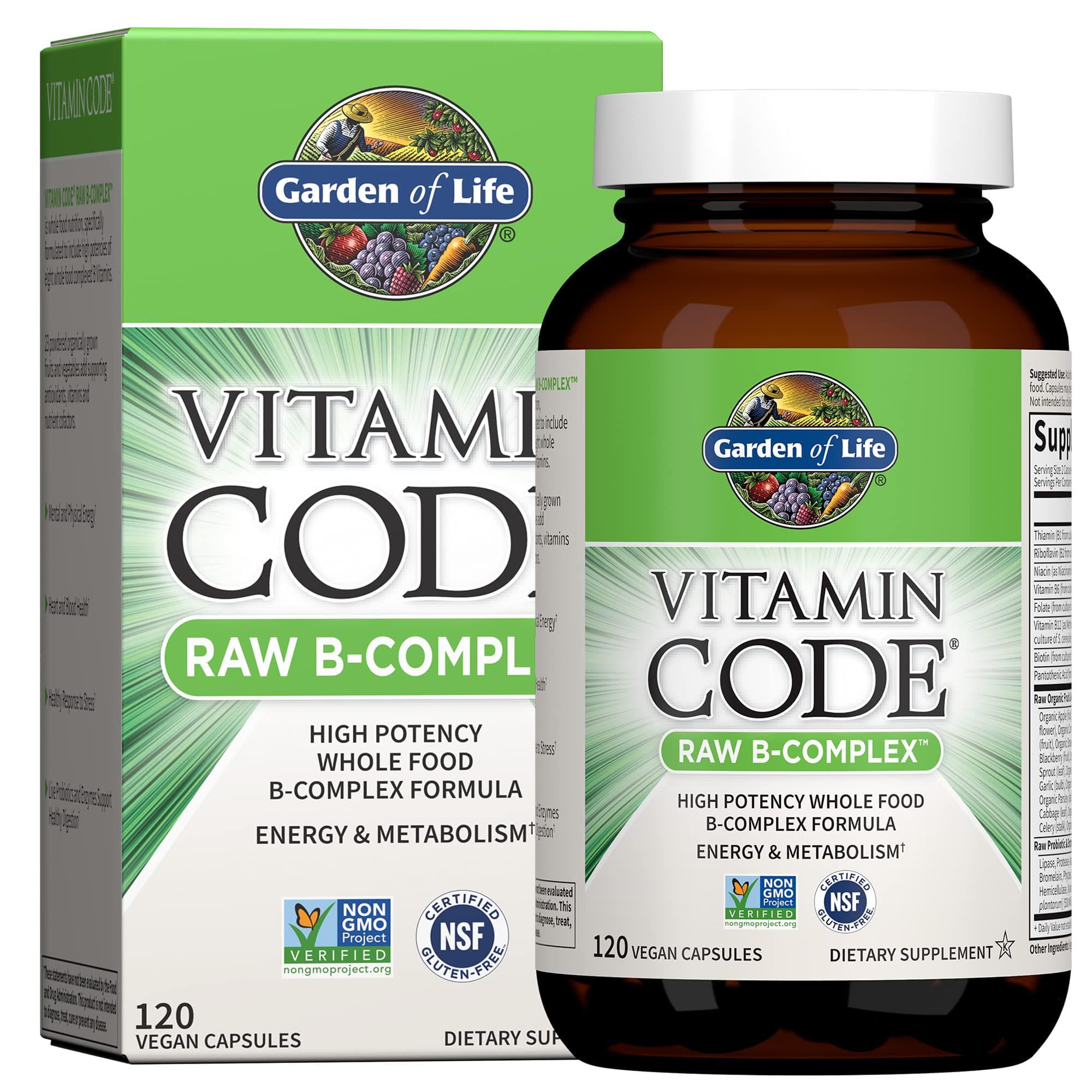 Raw B Complex - Vitamin Code - 120 Vegan Capsules, High Potency Vitamins for Energy & Metabolism with B2 Riboflavin, B1, B3, B6, Folate, B12 as Methylcobalamin & Biotin Plus Probiotics