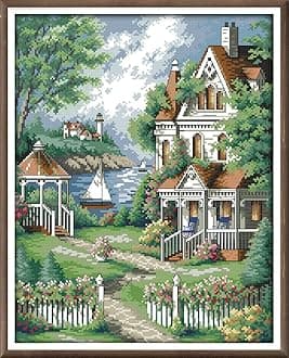 CaptainCrafts Cross Stitch Kits, New Stamped Kit Printed 11CT Fabric Cross Stitching DIY Art DMC Needlecrafts Embroidery Kit for Adults Beginner (Stamped, Seaside Villa Garden)