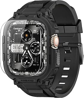 amBand Bands Case Screen Protector Compatible with Apple Watch Ultra 49mm, M1 Sport Series Rugged Cover Strap and 2 Pack Tempered Glass Film, Military Protective Bumper for iWatch 49 mm Men Black