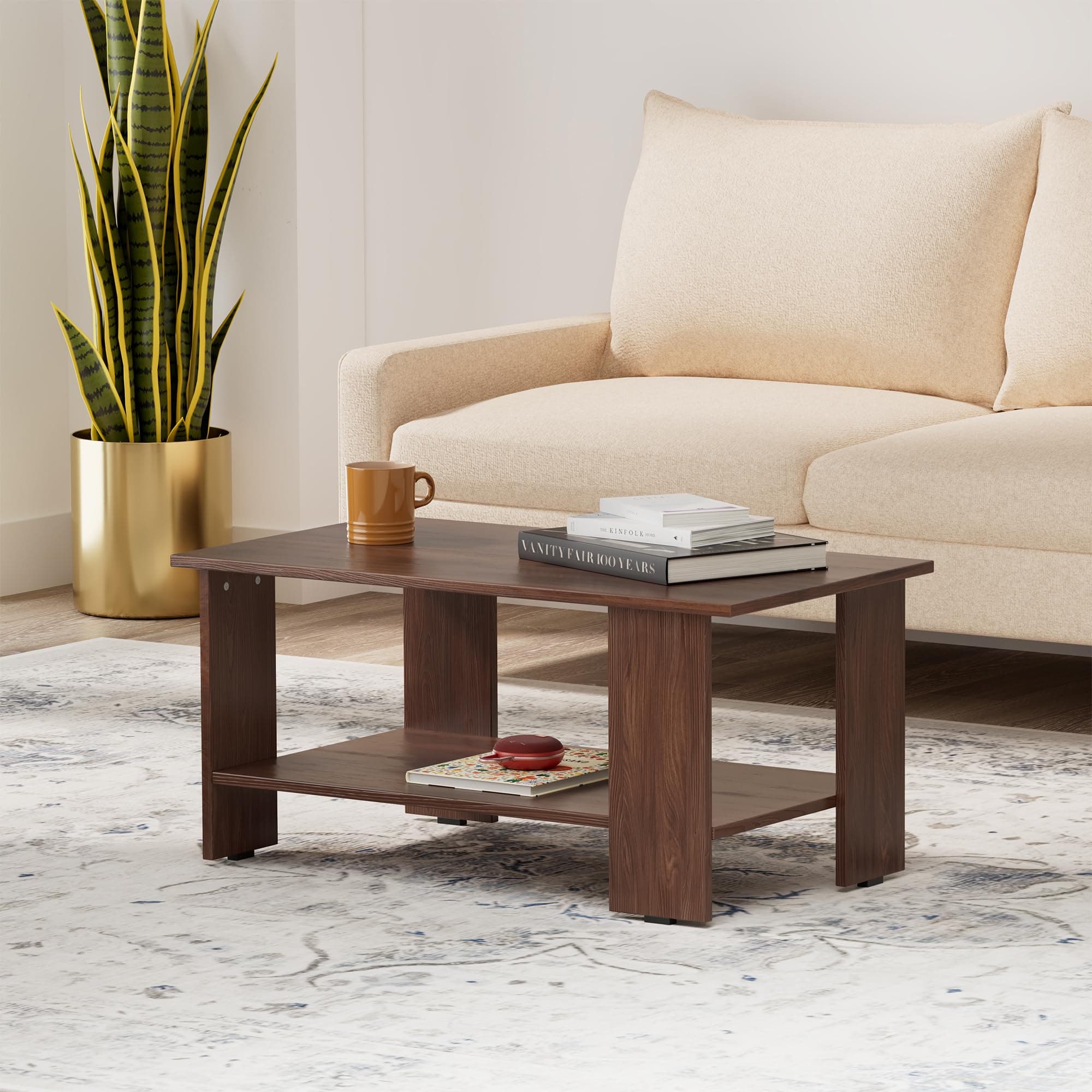 Amazon Brand - Solimo Premium Rectangular Coffee Table | Engineered Wood, Rust-resistant Hardware with Smooth Edges | 50 D x 90 W x 42.7 H cm | Walnut