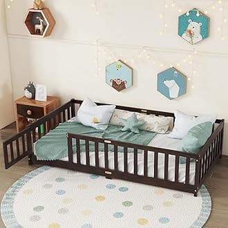 Twin Floor Bed with Safety Guardrails for Kids, Rubber Wood Montessori Bed with Slats and Convertible Door, Twin Size Bed Frame for Girls and Boys,No Box Spring Needed,Espresso