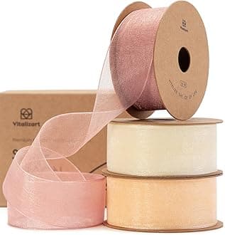 Vitalizart Cream & Rose Gold Organza Sheer Ribbon 1 inch x 30Yd Pink Ribbon Handmade Fabric Ribbons for Gift Wrapping Christmas Tree Crafts Bows Wedding Invitations Wreaths Wrap Peach