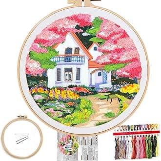 FONNUY Embroidery Kit for Beginners, Boho Nature Landscape Pre-Stamped Pattern Kits for Adults with Hoop, Easy to Follow Color Thread Needlework, 8'' Hoop (Flower House)