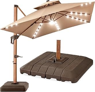 Best Choice Products 10ft Square Cantilever Patio Umbrella w/Base Included, Woodgrain Pattern Pole & Solar LED Lights, 360-Rotation, Offset Hanging Outdoor Shade - Tan