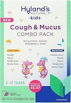 Hyland's Naturals Kids Cough & Mucus Daytime & Nighttime Combo Pack, Kids Cough Medicine for Ages 2-12, Grape Flavor, Natural Relief of Sleeplessness, Cough, Runny Nose, Mucus & Congestion, 8 Ounces