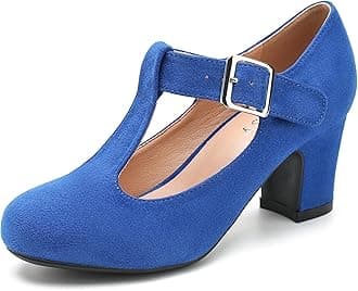 Women's T-Strap Mary Jane Pumps Low Block Chunky Heels Closed Round Toe Ankle Strap Wedding Evening Party Dress Office Work Shoes