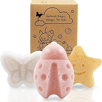 myHomeBody Konjac Baby Sponge for Bathing, Cute Shapes Natural Kids Bath loofah for Infants, Toddler, Newborns, Safe Plant-Based, 3pc. Set: Butterfly, Ladybug, Star