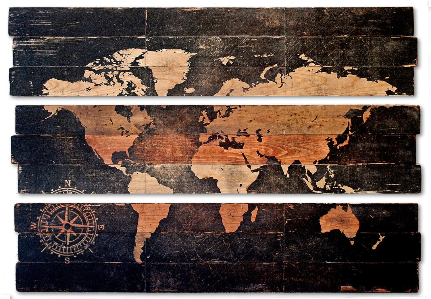 Extra Large World Map and Compass Triptych Wall Art on Distressed Solid Wood 3-piece