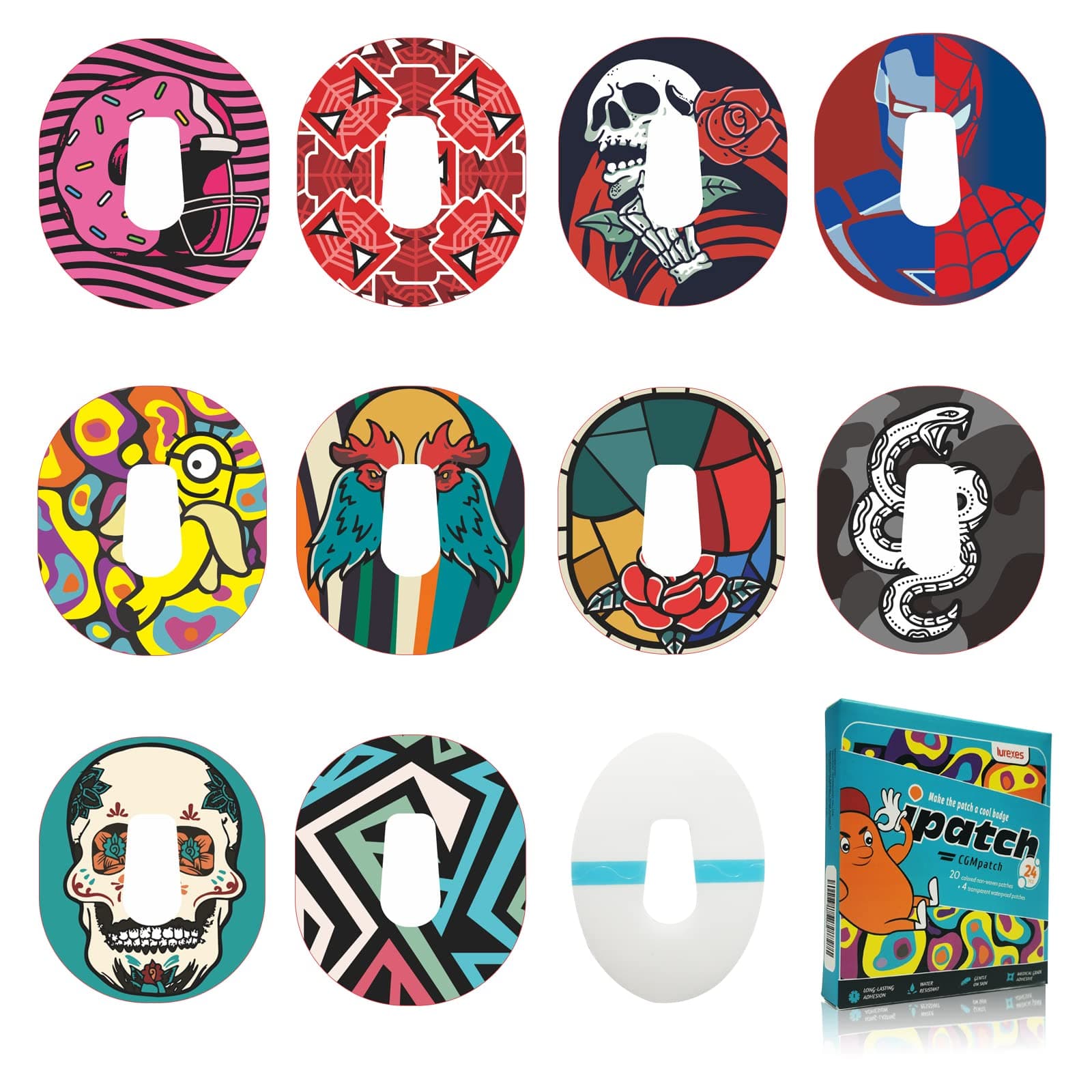 Adhesive Patches for Dexcom G6 Sensor, CGM Sensor Patch with 4 Waterproof Sweatproof Transparent Overpatches & 20 Pattern Cloth Stickers Continuous Glucose Monitor Protection Cover for 10-14 Days