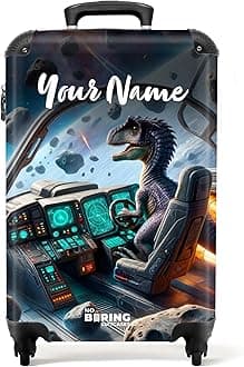 Children's Luggage Kids Suitcase for Boys - Personalised Lightweight Cabin Suitcase on Wheels - Dinosaur Piloting Spaceship - 55x40x20cm - Hard Shell Trolley - 20" - 10kg