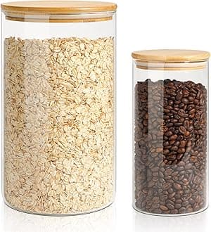 ComSafGlass Food Storage Containers with Bamboo Lid (1.1Gallon/44oz), Glass Jar with Airtight Lid Clear Glass Food Canister Set of 2 for Dry food like Rice, Sugar, Flour, Pasta, Cereal, Beans, Nuts