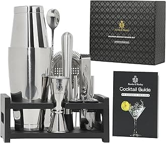 Hawke & Hanley Premium Boston Cocktail Shaker Set Bartender Kit - 12 Piece Mixology Bar Set with Weighted Boston Shaker, Bar Tools and a Black Bamboo Stand | Housewarming Gift Ideas