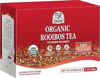 52USA Rooibos Tea Organic, 100 Tea bags, Pure Premuim Rooibos Tea, Naturally Sweet Herbal Tea, Caffeine Free Rooibos Tea, Farmed in South Africa, 9oz (250g)