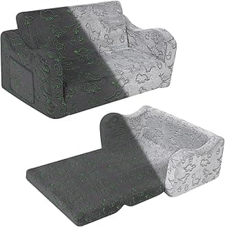 Kids Sofa, 2-in-1 Flip-Out Foam Couch with Soft Sherpa Cover, Cozy Play Lounge Chair, Extra Wide, Glow in The Dark Grey