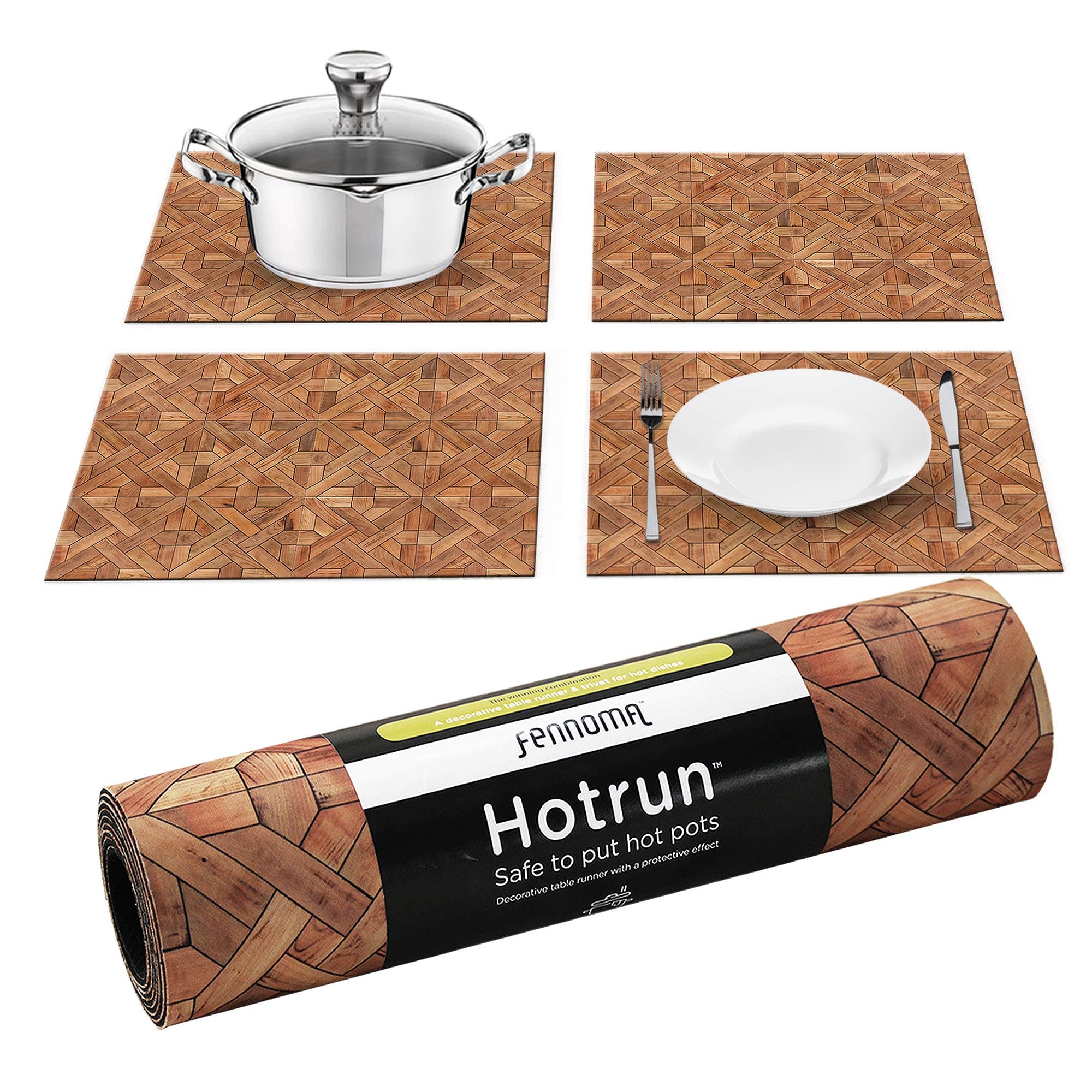 HOTRUN modular table runner placemat set– Extendable table cover holds pots and tableware – Protects surfaces– Anti-slip material handles up to 356 degrees F – Multi-use party set (Classic wood )