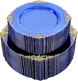 102PCS Blue Plastic Plates - Royal Gold Disposable Plates - Clear Blue Party Plate - Heavyweight Disposable Plate with Gold Rim - Fancy Dinner & Dessert Plates for 51 Guests Party Wedding