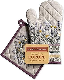 Maison d' Hermine Fanny Lavender 100% Cotton Set of Oven Mitt (19cm x 33cm) and Pot Holder (20cm x 20cm) for BBQ | Cooking | Baking | Grilling | Microwave | Barbecue | Spring/Summer | Easter