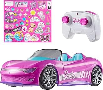 Hot Wheels Barbie RC Toy Car, Remote-Control Pink Convertible, Can Hold 2 Barbie Fashion Dolls & Trunk Opens for Storage, Sticker Sheet for Customizing