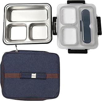 Femora High Steel Container Rectangle Lunch Box for Office-College-School - (3 Pots) - Black-With Bag