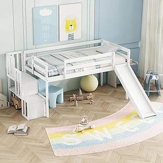 BellemaveLow Loft Bed with Slide for Kids,Twin Size Loft Bed with Storage Staircase,Kids Loft Bed Twin,Wood Low Loft Bed Frame for Boys Girls (White)