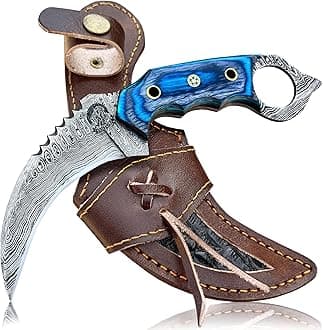 Damascus steel Handmade Knife, Survival claw Tactical teeth Knife Double edged sharp, Fixed Blade Knife With Sheath, Curved knife