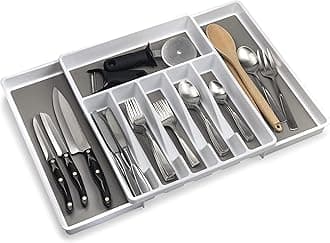 ELTOW Expandable Silverware Drawer Organizer, 8 Compartment Non-Slip & Adjustable Silverware Trays for Kitchen Drawers, Kitchen Organization for Utensils, Cutlery, Flatware Storage - White