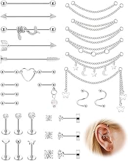 REVOLIA Surgical Steel Industrial Barbell Earrings with Chain for Women Dangle Cartilage Earring Studs Cartilage Helix Tragus Daith Industrial Piercing Jewelry Set