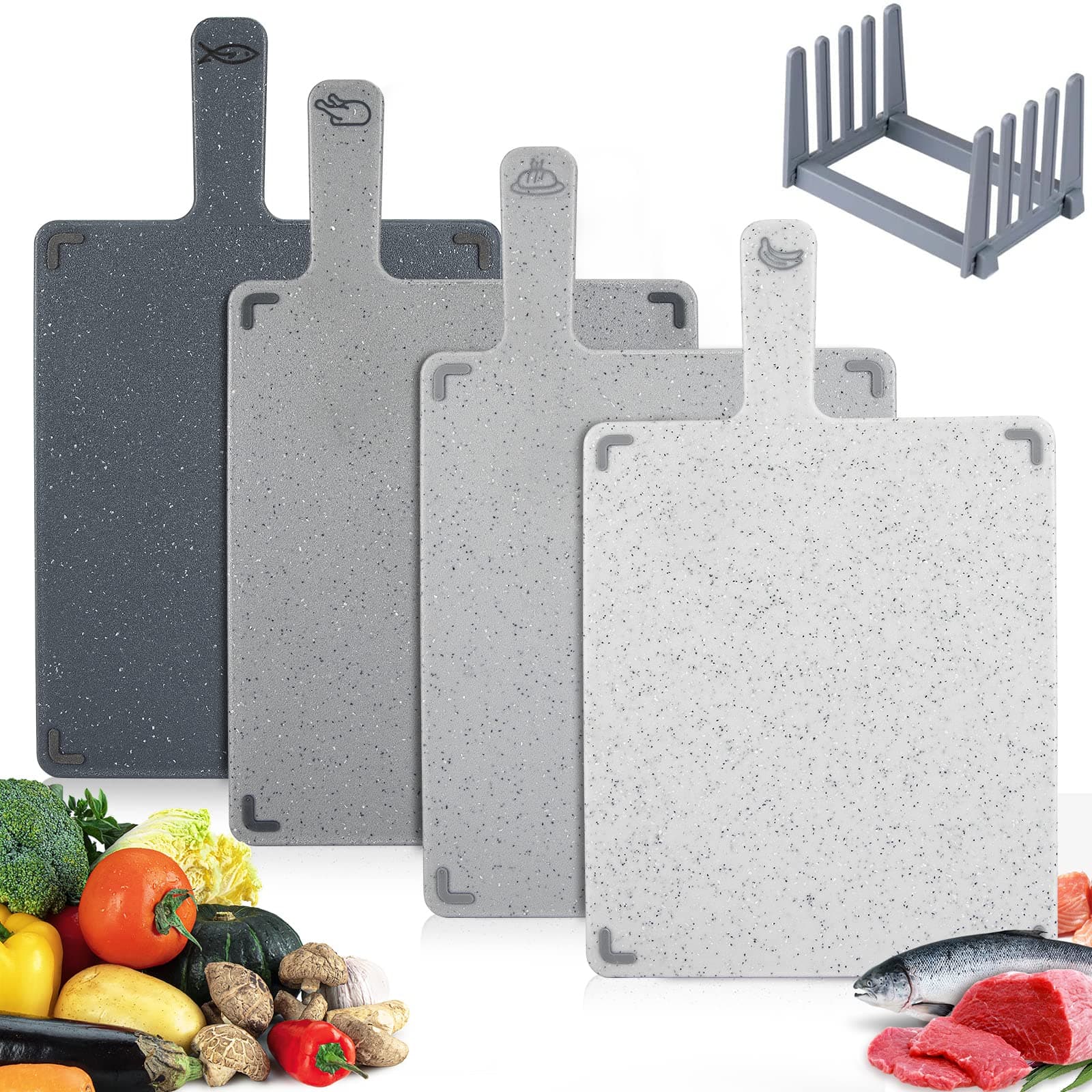 4-Piece Chopping Boards Set with Stand, Plastic Cutting Boards for Kitchen with Non-Slip Feet, BPA Free, Small Boards for Meat, Fish, Vegetables & More, Kitchen Accessories (Grey)