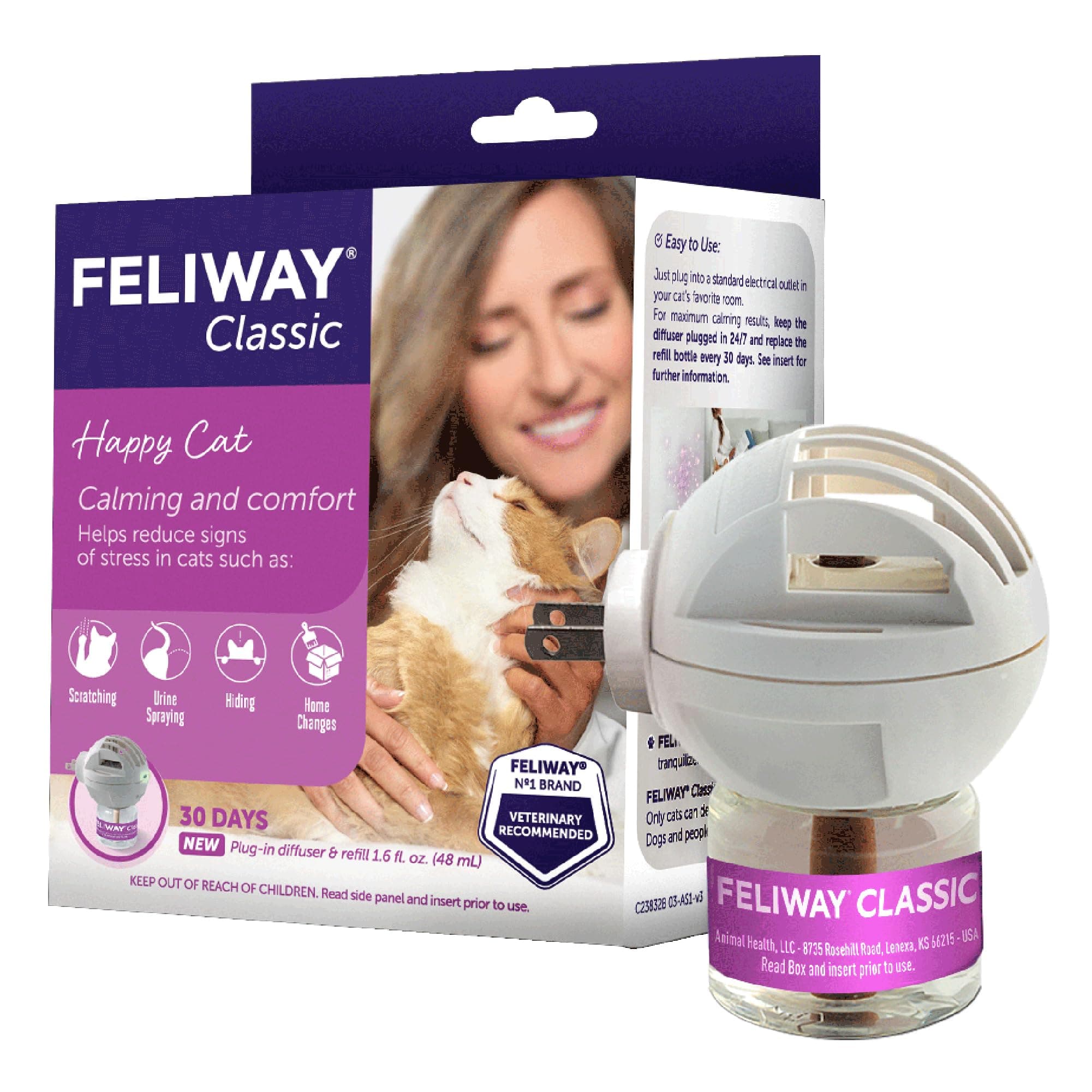 Classic 30 Day Cat Calming Plug In Pheromone Diffuser Starter Kit, 48ml - Helps Reduce Common Signs of Stress in Cats & Kittens, Enhanced Calming