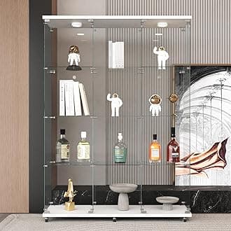 Glass Display Cabinet 12 Shelves with 3 Columns 2 Doors, LED Light and Lock, Extra Large Curio Cabinets Quick-Install Style Tempered Glass Bookshelf for Living Room, Kitchen White