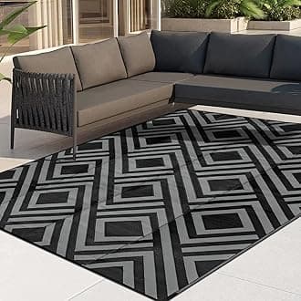 Ashler Grey and Black Outdoor Patio Rug, Waterproof Rug for Outside, 5x8 Plastic Straw Rug, Clearance Reversible Camping Mats, Outdoor Area Rugs with Carrying Bag, for RV, Picnic, Backyard, Indoor