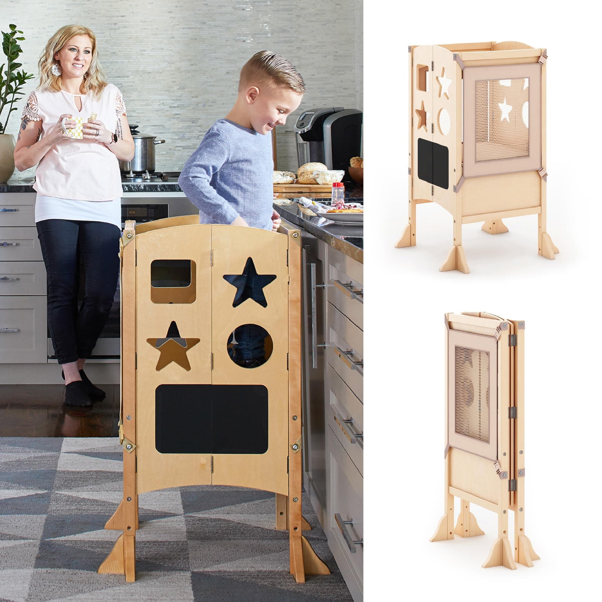 Guidecraft Classic Kitchen Helper - Natural: Adjustable Height, Folding Step Stool For Little Kids, Toddler Safety Cooking Tower with Write-on Wipe-off Message Boards. Kids Learning Furniture
