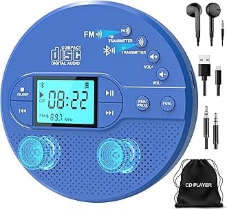 Portable CD Player with Bluetooth, Disman CD Player for Car with FM Transmitter, Rechargeable Personal cd Player with Anti-Skip Protection, Headphones, AUX/USB Supported, LCD(Blue)