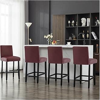 26'' Faux Leather Bar Stools Set of 4, Modern Upholstered Bar Chairs with Back, Soild Wood Legs Barstools for Kitchen Island, Red