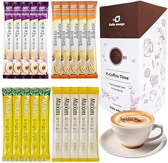 CUTIE MANGO Maxim Coffee Mix Cafe Latte Variety 20 Sticks Single Serve, Premium Korean White Gold, Mocha Gold, Caramel Macchiato, Cappuccino Hazelnut 4 Flaovrs Assorted Sampler K-Food (5 Sticks Each)