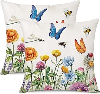 Coeufuedy Spring Floral Throw Pillow Covers 18 x 18 Set of 2 Flowers Bees and Butterflies Spring Decorative Cushion Case for Sofa Couch Garden Patio