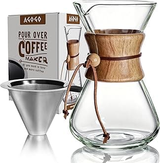 AGOGO Pour Over Coffee Maker Glass - Barista Kit with 304 Stainless Filter for Home, Office, Camping, Cafes - Easy Clean Coffee Dripper Set (Soft Towel&Brush) (28oz Slim Shape w/ SS Filter)