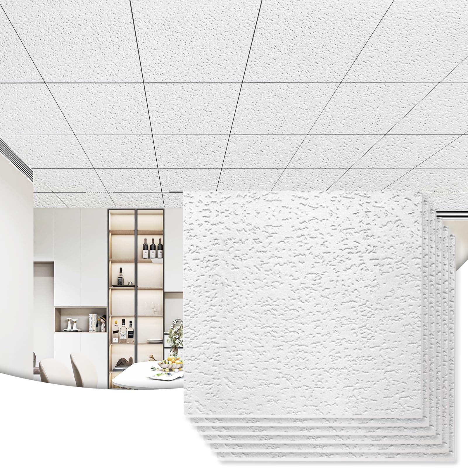 12-Pack Stucco Texture Drop Ceiling Tiles 2x2 FT - Fire-Rated, Waterproof, Reusable - Premium PVC 24x24 Inch Ceiling Panels for Living Room Kitchen Bathroom Basement Office, White