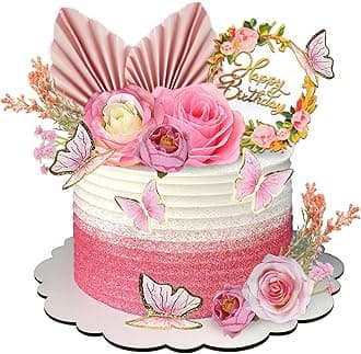 DRWATE 17 PCS Flower Cake Toppers Boho Cake Toppers Butterfly Cake Decorations with Light Artificial Roses Eucalyptus and Butterflies for Birthday Party Wedding Baby Shower Supplies (Light Pink)