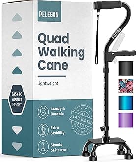 PELEGON Quad Cane (300LB) - Adjustable Walking Cane with A Large 4 Pronged Base for Extra Balance & Stability, Walking Canes for Seniors, Walking Cane for Men & Women, Walking Sticks