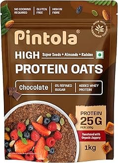 PINTOLA 25G High Protein OATS Chocolate (1 kg (Pack of 1)), No Refined Sugar, with Almonds Raisin, Pumpkin and Chia Seeds, 8g Fibre, Rolled Oats, Breakfast Cereals | Gluten Free (1 kg (Pack of 1))