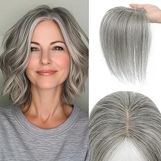 Hair Toppers for Women Real Human Hair, 360° 3D Cover Middle Bangs Hair Pieces for Women (Grey)