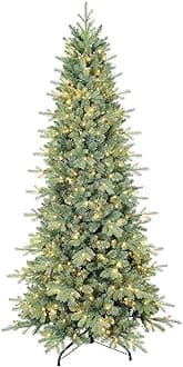 6 FT Prelit Artificial Skinny Christmas Tree,Blue Spruce Slim Pencil Xmas Tree with 1205 PE&PVC Mixed Branch Tips and 300 UL Listed Clear Lights,Hinged Pine Tree with Metal Stand for Home Office Décor